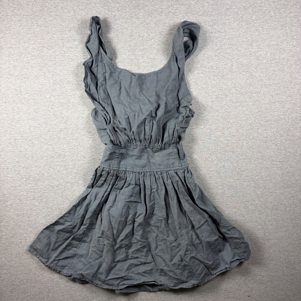 Free People Erin Dress Womens XS Gray Ruffle Strap Tie Back Smocked Mini Linen